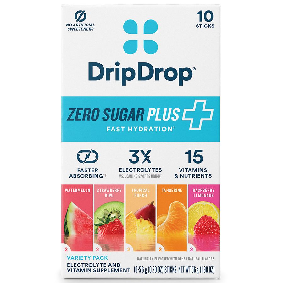 DripDrop Zero Sugar Plus Fast Hydration - Electrolyte Powder Drink Mix Sticks 5 Flavor Variety