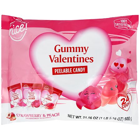 Nice! Gummy Valentines Peelable Candy Strawberry, Peach, & Rose - 0.88 oz x 24 pack