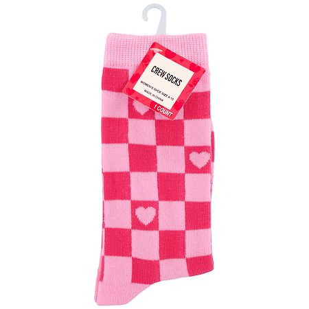 Festive Voice Crew Socks, Check & Hearts Women's Shoe Size 4-10