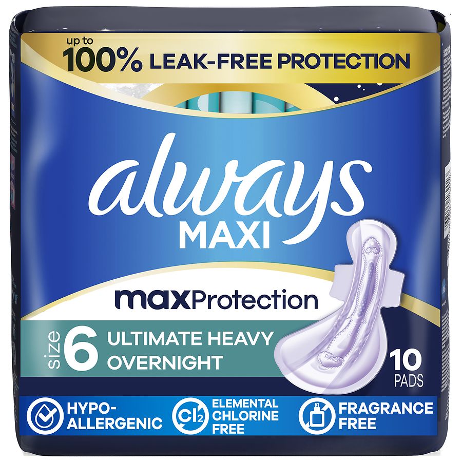 Always Maxi Overnight Pads with Wings for Women Fragrance Free, Size 6