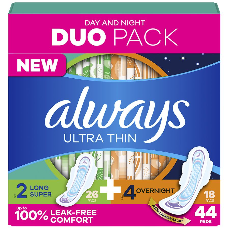 Always Ultra Thin Duo Pack, Feminine Pads with Wings for Women Size 2 Long Super & Size 4 Overnight Absorbency