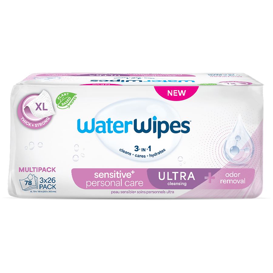 WaterWipes Sensitive Personal Care Ultra, Incontinence Wipes, Odor Removal, Heavy Duty Unscented, XL