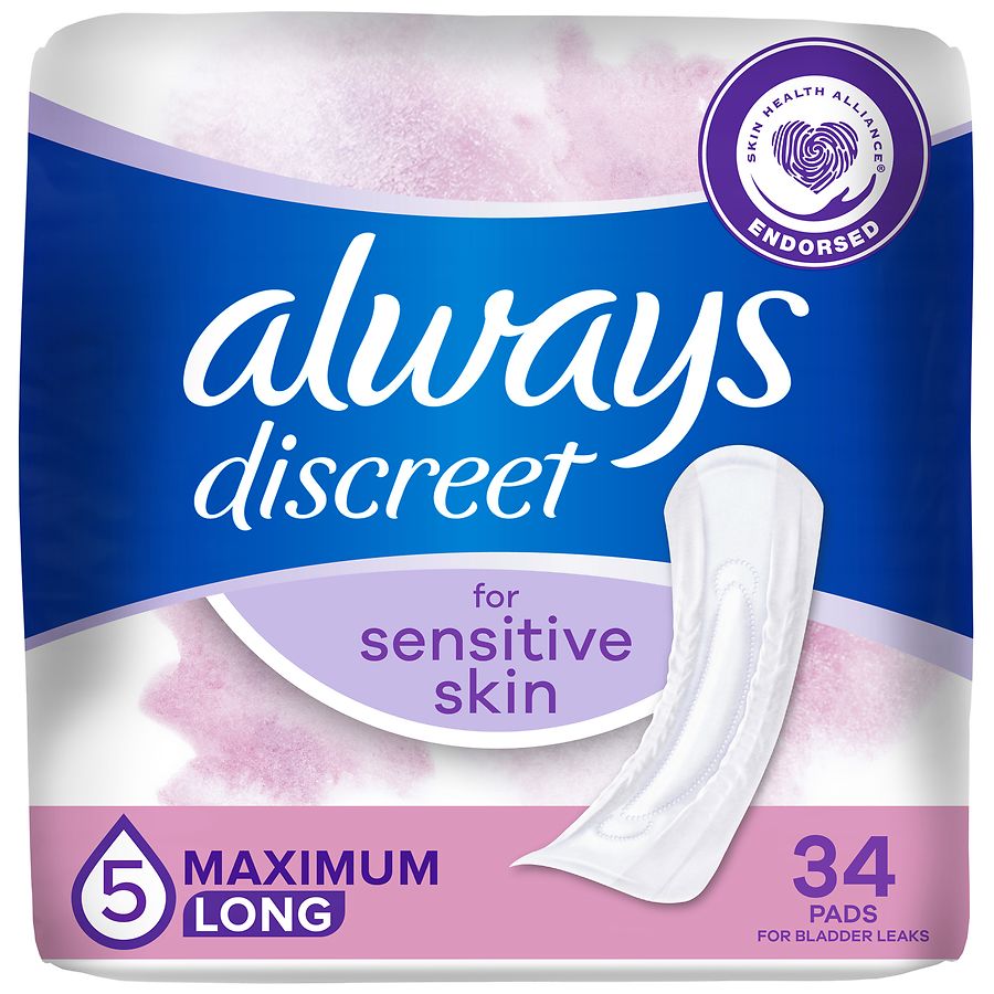 Always Discreet Incontinence Pads for Women with Bladder Leaks, Sensitive Skin Maximum Absorbency, Long Length
