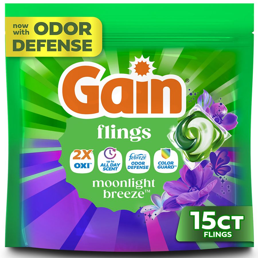 Gain Flings Liquid Washing Detergent pacs with Odor Defense + Color Guard Moonlight Breeze