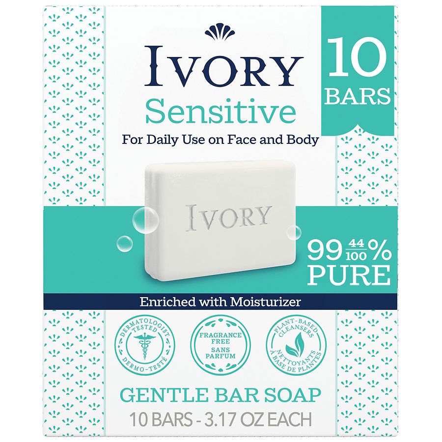 Ivory Sensitive Bar Soap, Designed for Whole Family, Plant-Based Cleansers Fragrance-Free