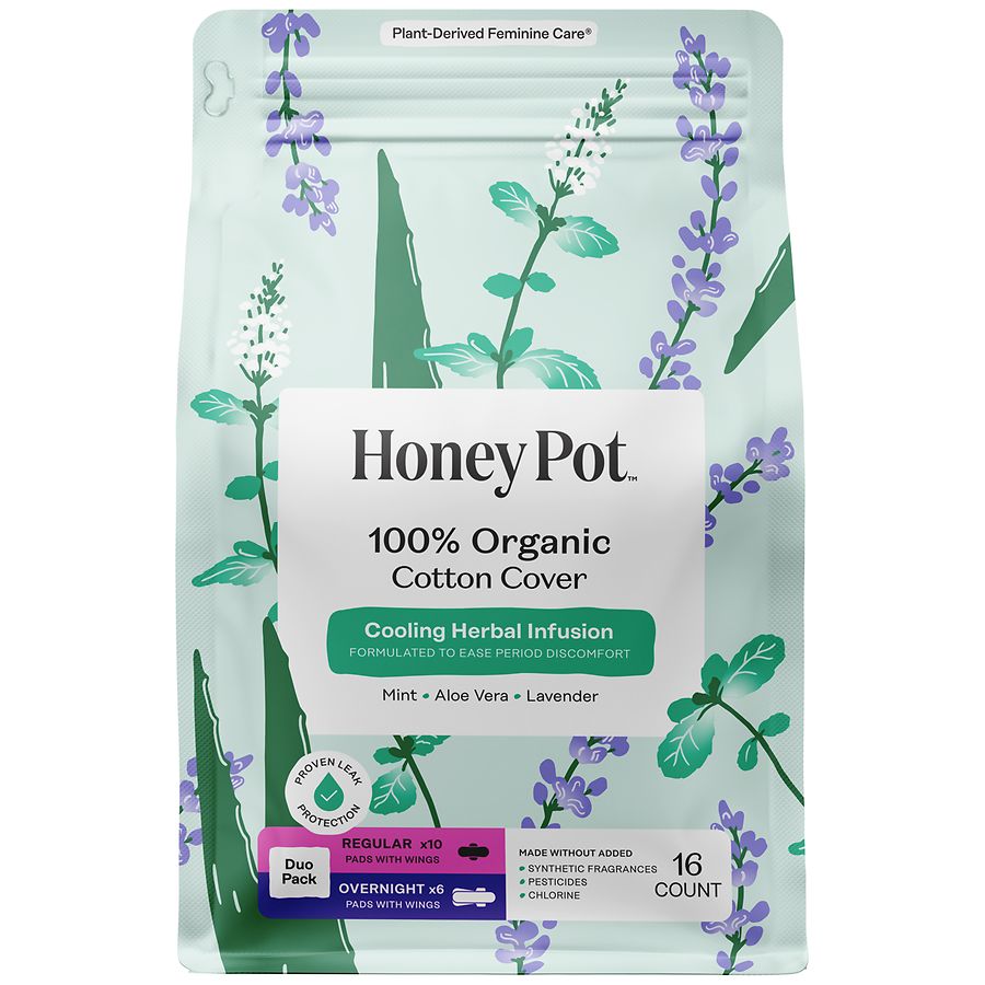 The Honey Pot 100% Organic Cotton Cover Cooling Regular Overnight Duo Pads