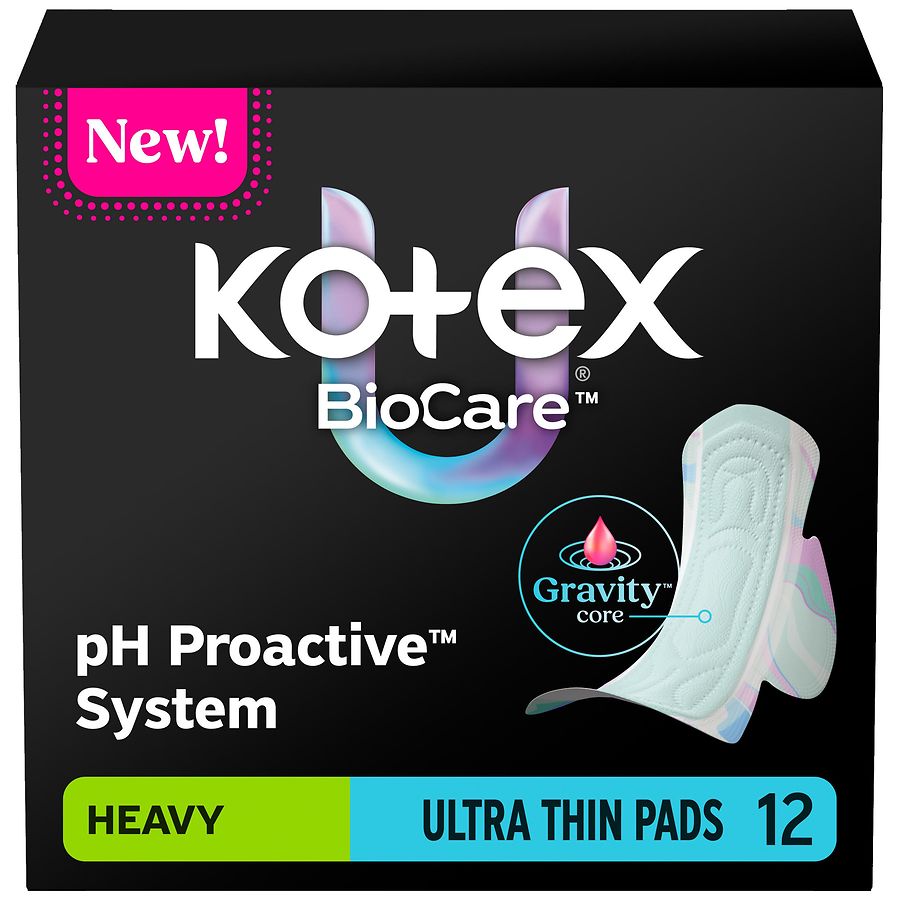 U by Kotex BioCare Ultra Thin Pads with Wings Unscented, Heavy Absorbency