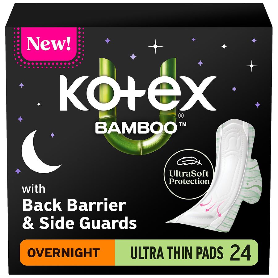 Kotex Bamboo Overnight Pads with Wings Unscented, Ultra Thin
