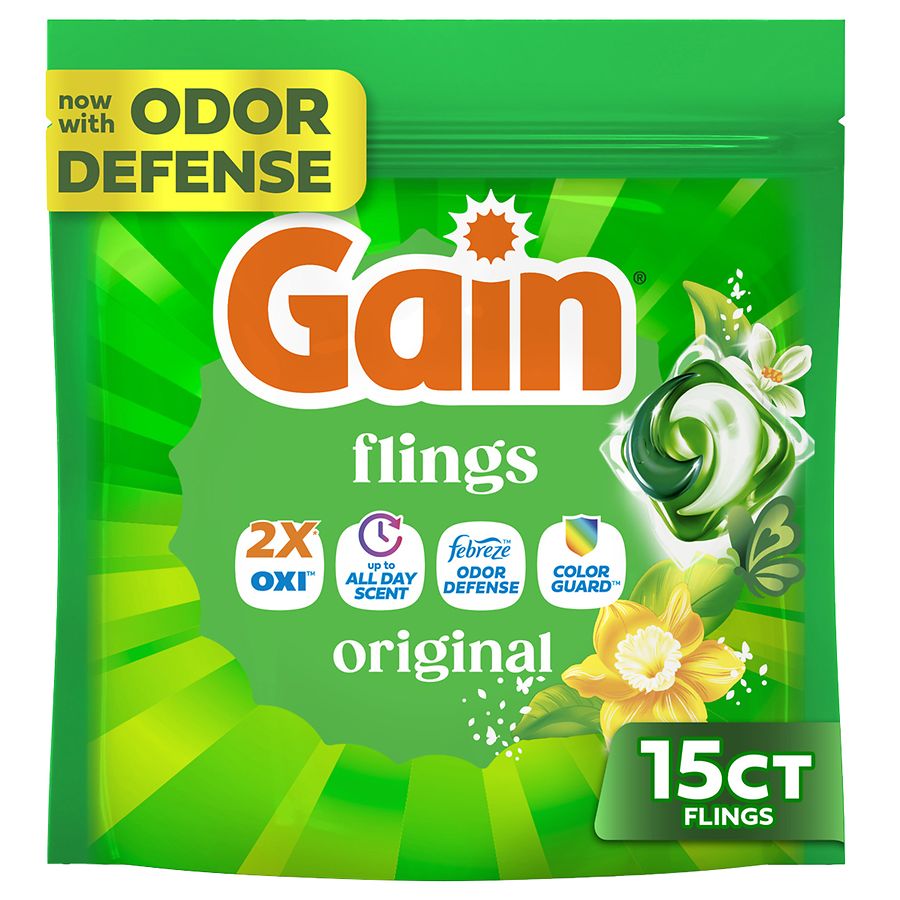 Gain Flings Liquid Washing Detergent pacs, Now with Odor Defense + Color Guard Original