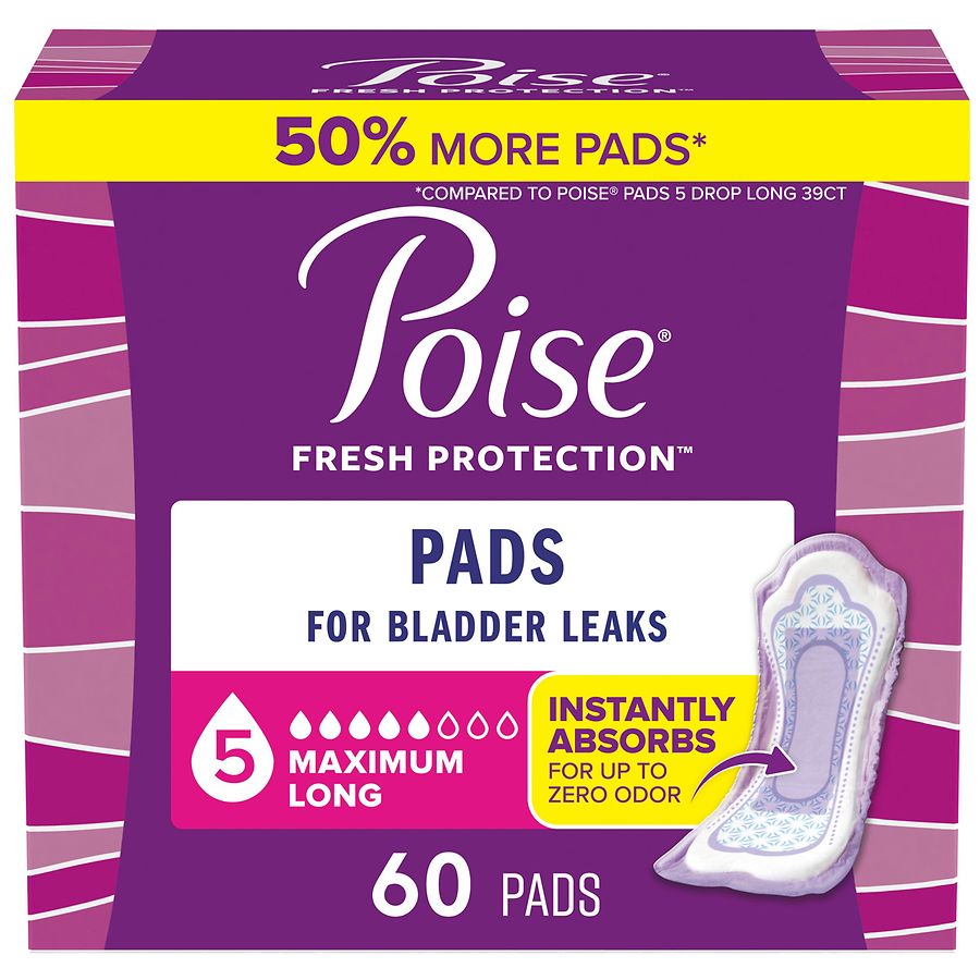 Poise Fresh Protection Incontinence & Postpartum Pads Unscented, 5 Drop Maximum Absorbency, Long Length