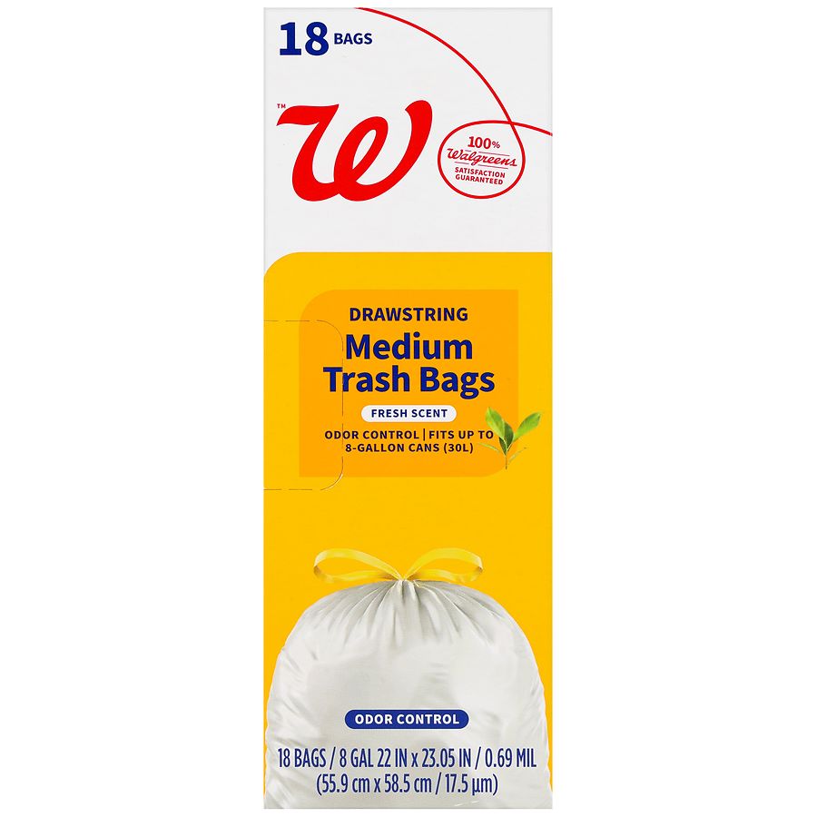 Walgreens Drawstring Medium Trash Bags Fresh, 8 Gallon