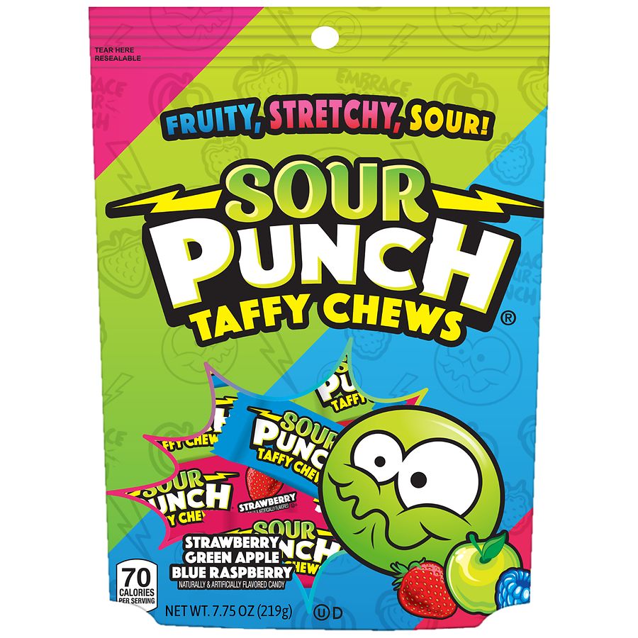 Sour Punch Taffy Chews Strawberry, Green Apple, Blue Raspberry