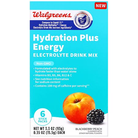 Walgreens Hydration Plus Energy Electrolyte Drink Mix Blackberry Peach - 0.55 oz x 6 pack