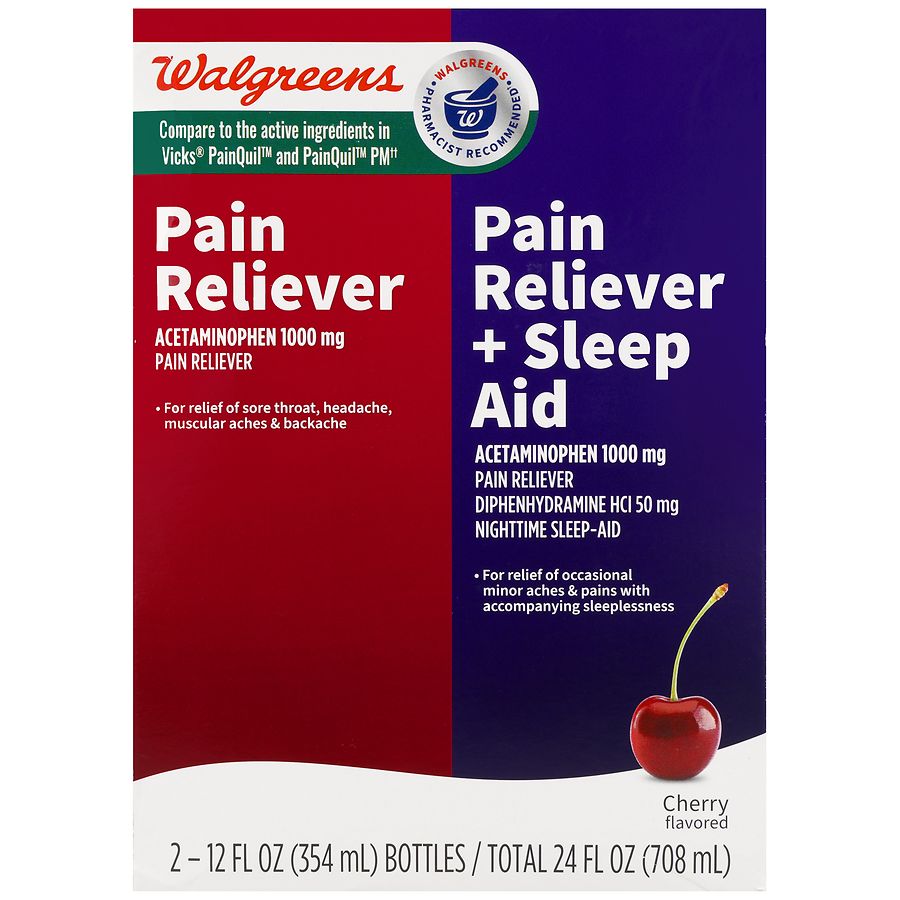 Walgreens Pain Reliever and Pain Reliever + Sleep Aid Liquid Pack Cherry