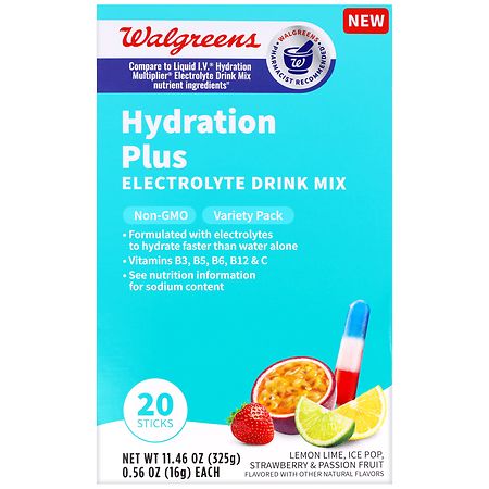 Walgreens Hydration Plus Electrolyte Drink Mix Lemon Lime, Ice Pop, Strawberry & Passion Fruit - 0.56 oz x 20 pack