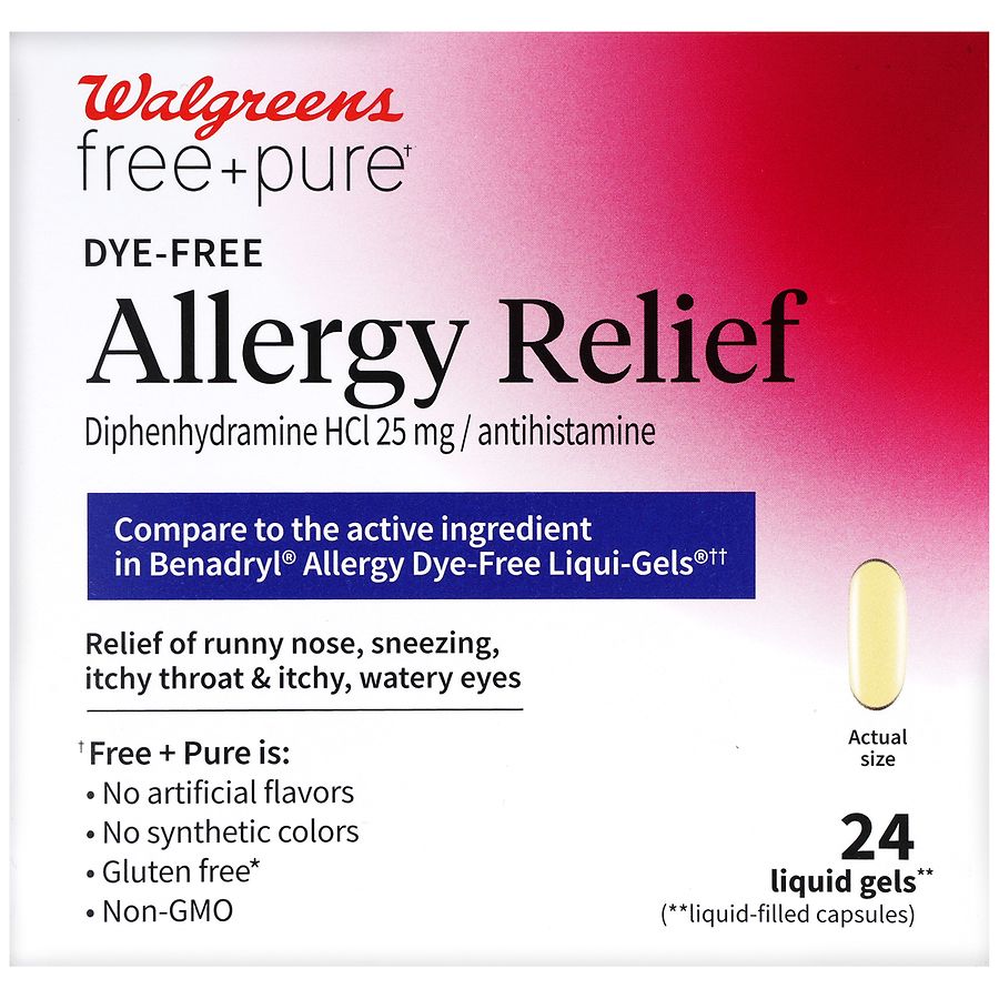 Walgreens Free & Pure Allergy Relief Diphenhydramine HCl 25 mg Liquid Gels Dye-Free