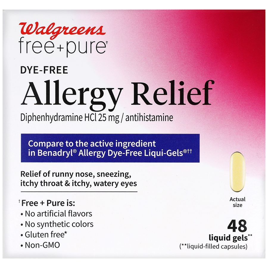 Walgreens Free & Pure Allergy Relief Diphenhydramine HCl 25 mg Liquid Gels Dye-Free