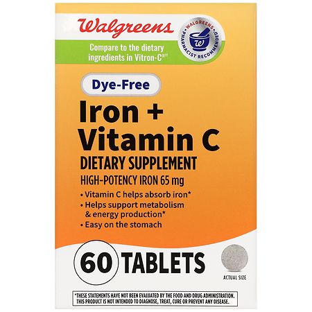 Walgreens Iron 65 mg + Vitamin C Tablets, Dye-Free - 60.0 ea