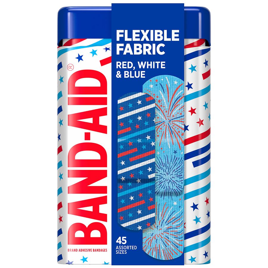 Band-Aid Flexible Fabric Adhesive Bandages Assorted Sizes Red, White & Blue