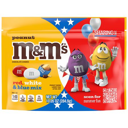 M&M's Peanut Milk Chocolate Red, White & Blue Summer Candy, Sharing Size, Resealable - 10.05 oz
