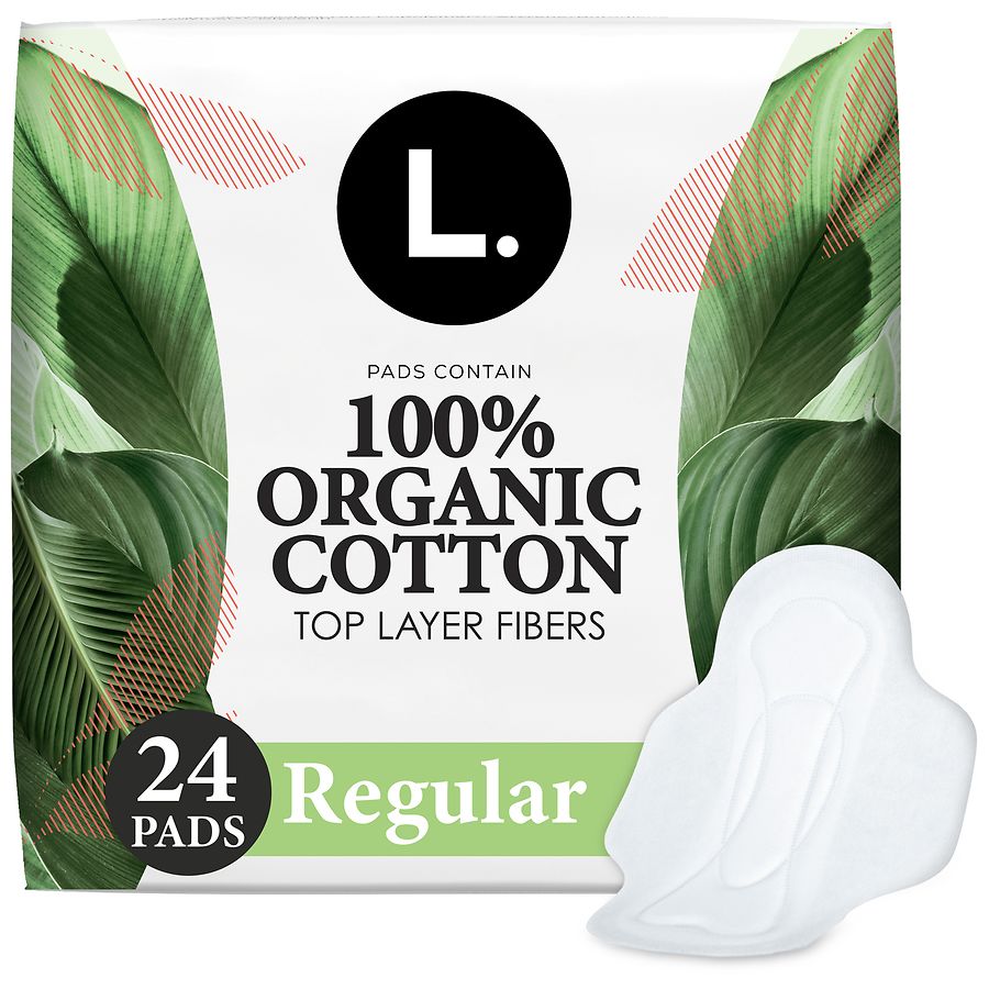 L. Ultra Thin Pads for Women, Organic Cotton Top Layer, Menstrual Pads with Wings Unscented, Regular Absorbency