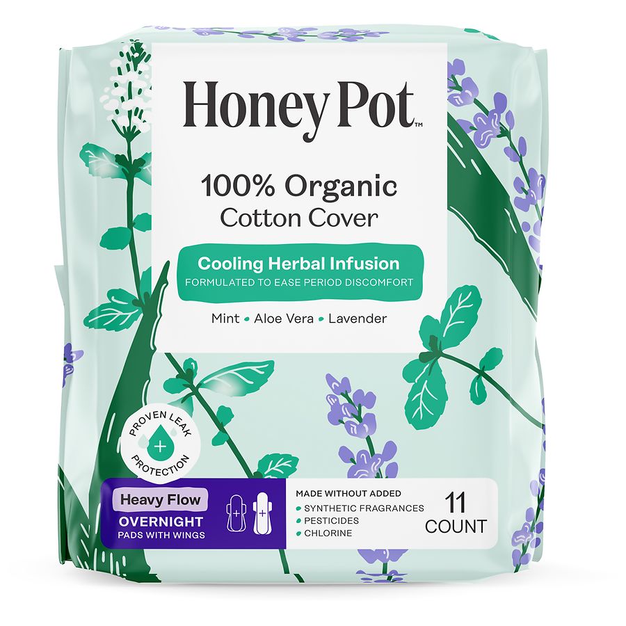 The Honey Pot Cooling Heavy Flow Overnight Pads with Wings