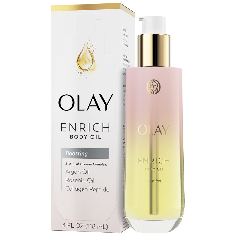 Olay Enrich Boosting Body Oil with 3-in-1 Oil + Serum Complex Creamy Vanilla, Juicy Plum, and Golden Amber
