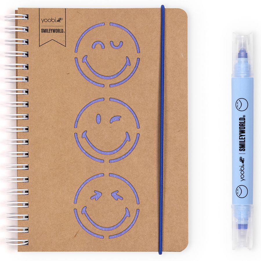 Yoobi SmileyWorld Spiral Journal with Kraft Marker 4.5" X 6.5" Blue