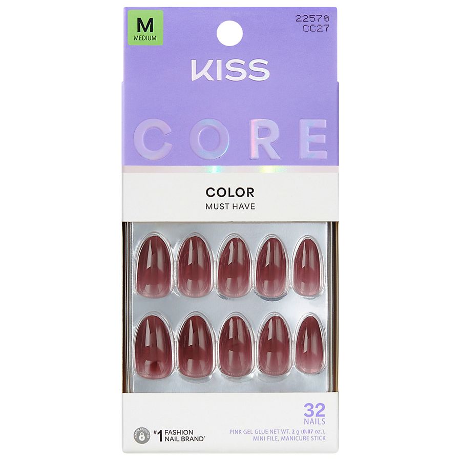 Kiss CORE Color Glue-On Nails Medium Pinot Noir, Red
