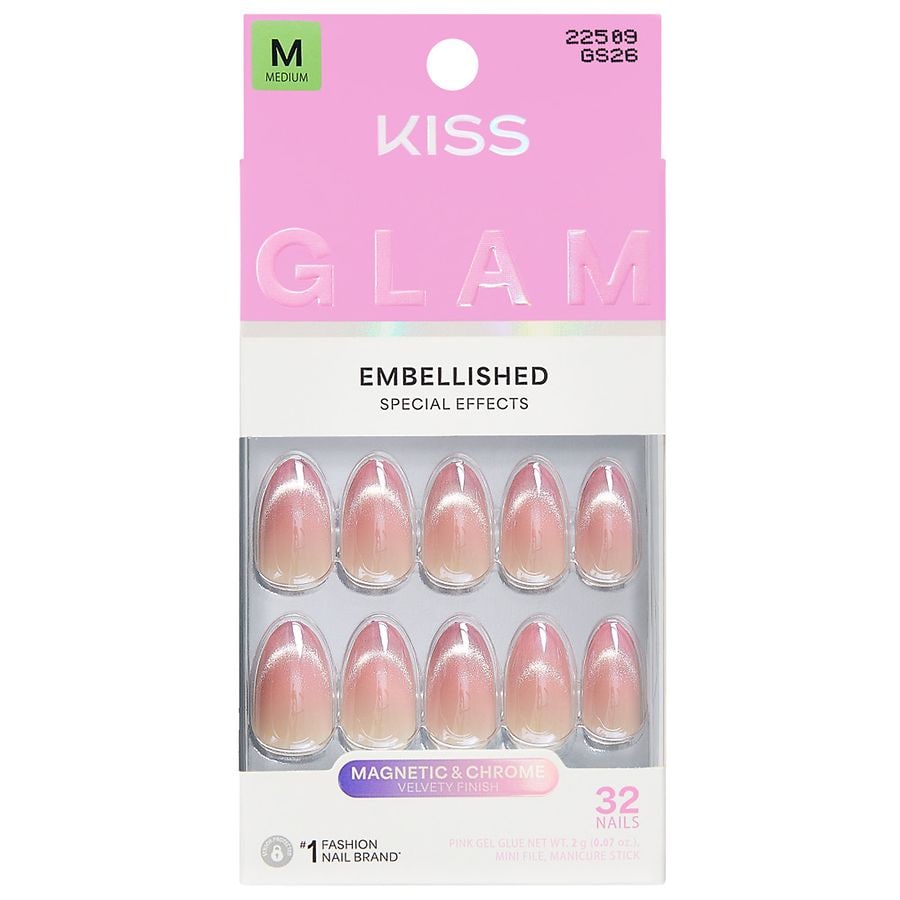 Kiss GLAM Embellished Fake Nails Medium Stardust Wonder, Pink