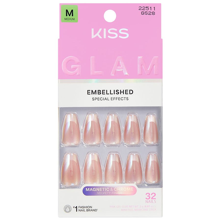 Kiss GLAM Embellished Fake Nails Medium Dusk Mirage, Beige | Walgreens