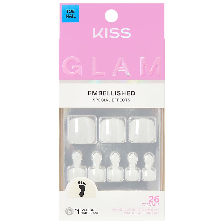 Kiss GLAM Embellished Press on Fake Toenails Short Twinkle Toes, White