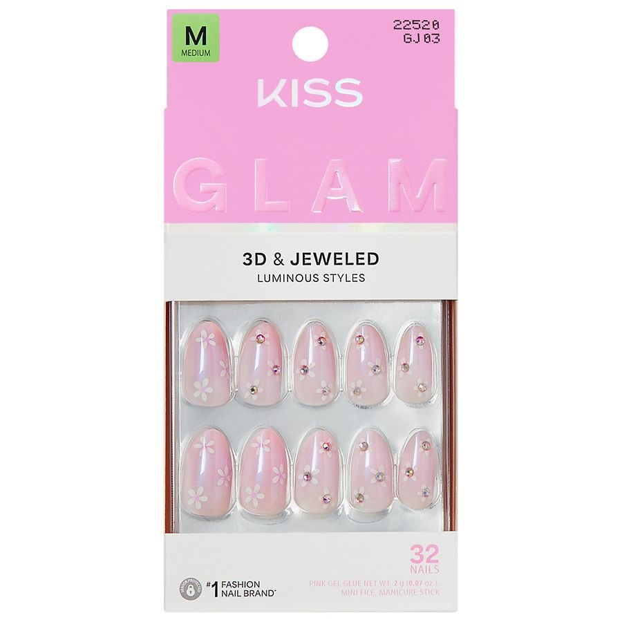 Kiss Glam Jeweled Fake Nails Medium Breeze of Bliss, White