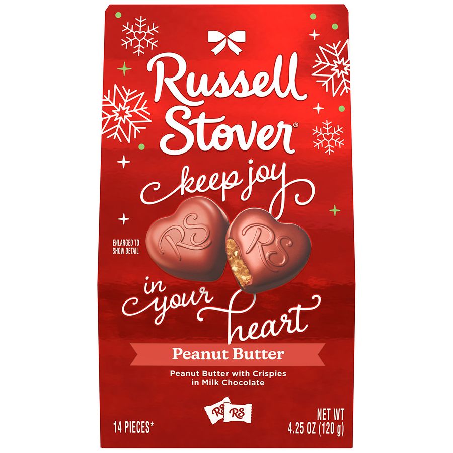 Russell Stover Christmas Peanut Butter with Crispies Hearts in Milk Chocolate Candy Gift Bag