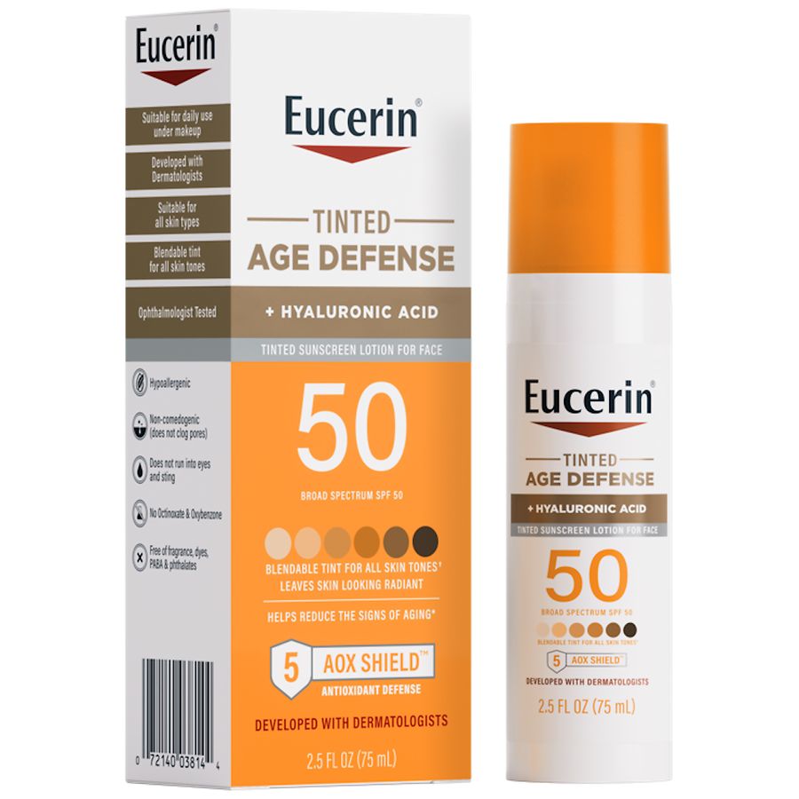 Eucerin Sun Age Defense Tinted Face Sunscreen Lotion SPF 50 with Hyaluronic Acid Fragrance Free