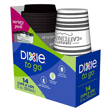Dixie To Go Hot Beverage Cups & Lids, 16ounce, 132 Count, Assorted Designs,  Disposable Paper Coffee Cups & Lids