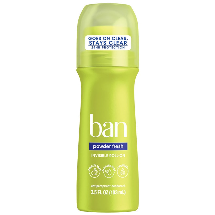 Ban Invisible Roll-On Antiperspirant Deodorant, 24 Hour Protection Powder Fresh