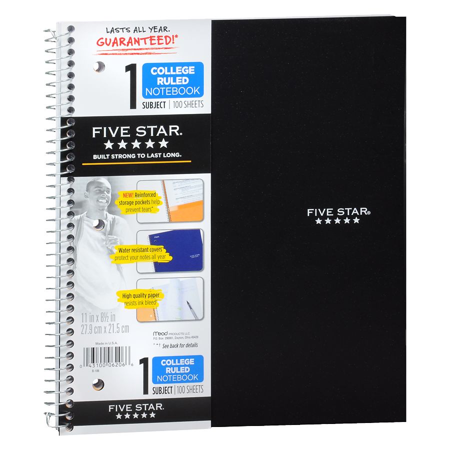 Photo 1 of Five Star Spiral Notebooks, 6 Pack, 1 Subject, College Ruled Paper, Fights Ink Bleed, Water Resistant Cover, 8-1/2" x 11", 100 Sheets, Black, Red, Blue, Green, White, Purple (38052)
